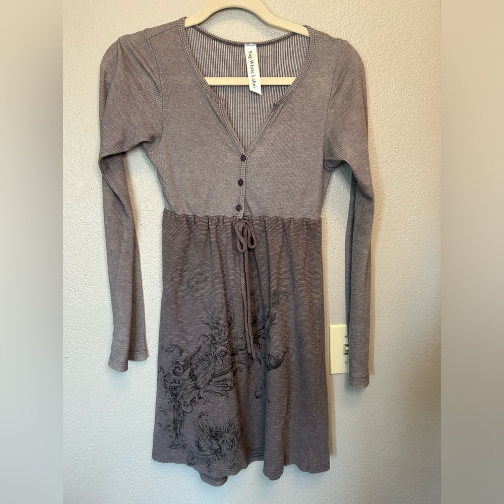 Brown Long Sleeve V Neck Cowgirl Rodeo Drawstring Knee Length Button Up Dress
